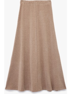 Dikiş Detaylı Pamuk Karışımlı Midi Kloş Triko Etek