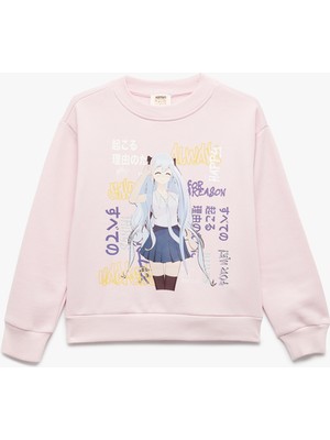 Uzun Kollu Bisiklet Yaka Şardonlu Anime Baskılı Sweatshirt