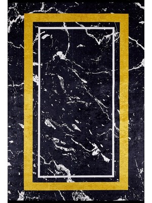 Bespoky Abakan Sarı Çerçeveli Etnik Modern Desenli Pamuk Makinada Yıkanabilir Hav Toz Vermez Leke Tutmayan Kaymaz Taban Dijital Makine Baskı Salon Yolluk Mutfak Halı