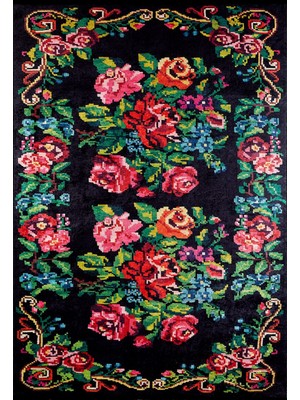 Bespoky 80x150 cm Siyah Çiçekli Bohem Gül ve Çiçek Yıkanabilir Halı | Yatak Odası Mutfak Halısı | Leke Tutmayan, Kaymaz | HALN-HLN303