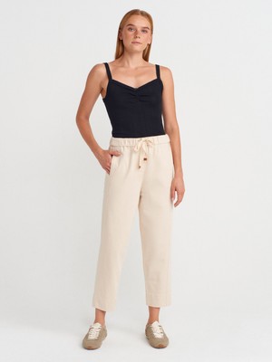 72127 Beli Lastikli Pamuklu Pantolon-Ekru