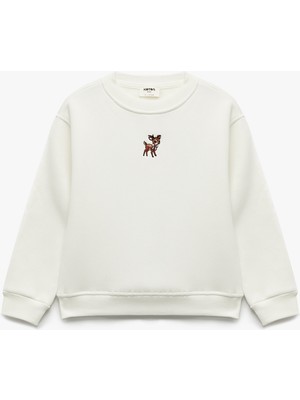 Geyik Nakış Detaylı Uzun Kollu Bisiklet Yaka Şardonlu Sweatshirt