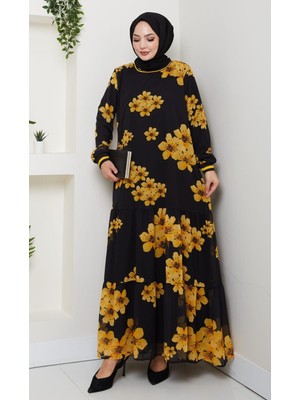 Harma Time Butik Kadın Astarlı Sarı Şifon Çiçek Desenli Elbise