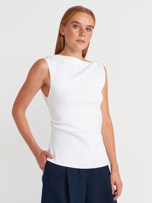 10778 Kayık Yaka Drapeli Ince Triko Bluz-Beyaz