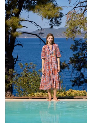 Monamise Kadın Etnik Desenli Truvakar Kollu Önü Düğmeli V Yaka Elbise 25031