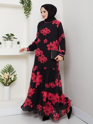 Harma Time Butik Kadın Astarlı Mor Şifon Çiçek Desenli Elbise