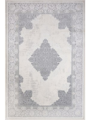 Hali.Net 80x150 cm Gri Krem Çiçekli Ve Kıvrımlı Klasik Bordürlü Ve Göbekli Halı | Salon Mutfak Halısı | Hav Vermez Leke Tutmaz | ARTEMİS_VANESSA-6152A
