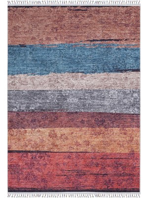 Hali.Net 100x250 cm Gri Kırmızı Soyut Modern Çizgili Halı | Mutfak Yolluk Halısı | Hav Vermez Hipoalerjenik | HALN-HLN5056