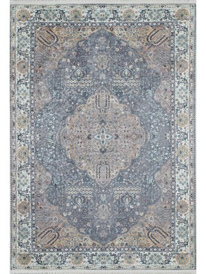 Hali.Net 120x300 cm Krem Mavi-gri Madalyon Vintage Oryantal Halı | Salon Yatak Odası Halısı | Hav Vermez Hipoalerjenik | HALN-HLN1970