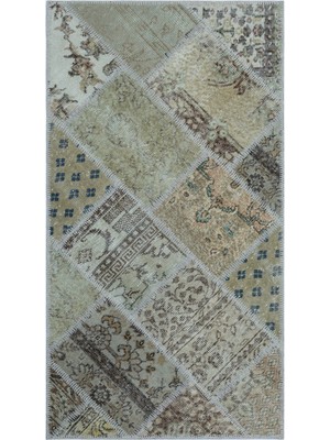 Hali.Net 80x150 cm Gri Bej Geleneksel Vintage Yama (patchwork) Halı | Salon Mutfak Halısı | Hav Vermez | UNİQUE-25904