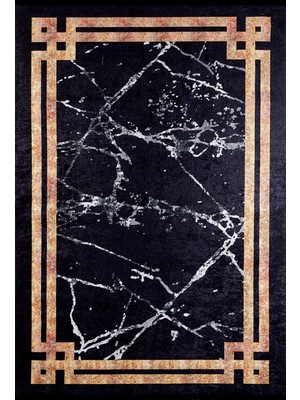 Halınet Elektrostal Siyah Çerçeveli Etnik Modern Desenli Makinada Yıkanabilir Hav Toz Vermez Leke Tutmayan Kaymaz Taban Dijital Makine Baskı Salon Yolluk Mutfak Halı