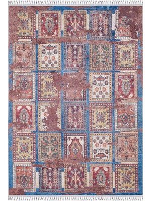 Hali.Net 100x200 cm Kırmızı Kahverengi Geleneksel Bohem Patchwork Halı | Mutfak Koridor Halısı | Hav Vermez Hipoalerjenik | HALN-HLN5029