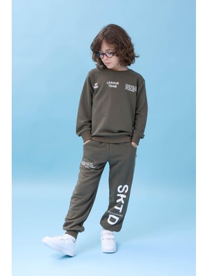 Erkek Çocuk Bisiklet Yaka Baskılı Mevsimlik Alt Üst Takım - Haki