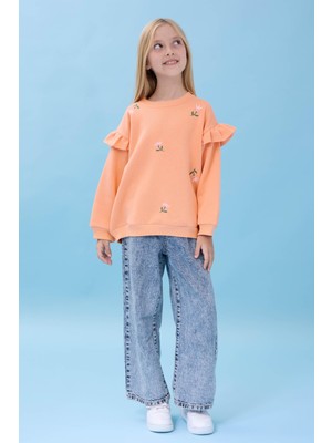 Kız Çocuk Fırfır Detaylı Çiçek Işlemeli Şardonlu Oversize Sweatshirt - Şeftali