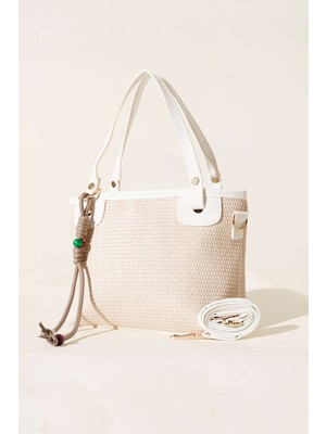 Bağcık Süs Detaylı Hasır Kadın Kol ve Omuz Çantası