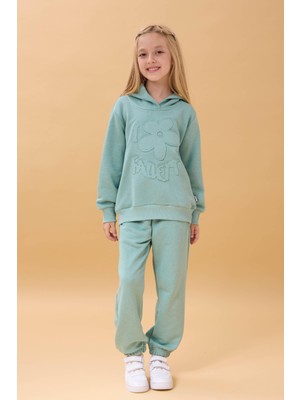 Kız Çocuk Kapüşonlu Çiçek Aplikeli Alt Üst Mevsimlik Takım – Çağla