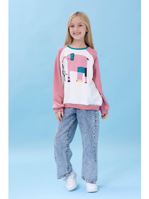 Kız Çocuk Fil Baskılı Bisiklet Yaka Oversize Mevsimlik sweatshirt - Ekru/gül Kurusu