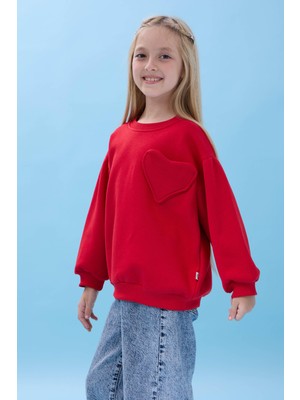 Kız Çocuk Kalp Cep Detaylı Balon Kollu Şardonlu Sweatshirt - Kırmızı