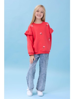 Perendi Kız Çocuk Fırfır Detaylı Çiçek Işlemeli Nar Çiçeği Oversize Sweatshirt Uzun Kol