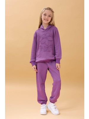 Kız Çocuk Kapüşonlu Çiçek Aplikeli Alt Üst Mevsimlik Takım – Mor