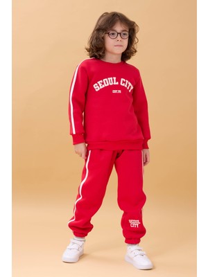 Erkek Çocuk Aplikeli Şardonlu Bisiklet Yaka Ikili Kolej Takım - Kırmızı