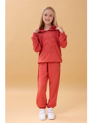 Kız Çocuk Kapüşonlu Çiçek Aplikeli Alt Üst Mevsimlik Takım – Kiremit