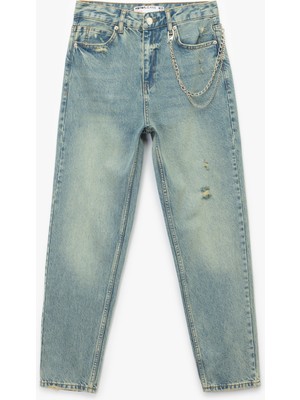 Yüksek Bel Rahat Kalıp Yıpratılmış Zincir Detaylı Mom Jean Pantolon - Mom Slim Jean