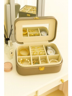 Evistro Deri Seyahat Takı Bijuteri Mücevher Kutusu Organizer Düzenleyici 20CM Bronz Ithal Ürün