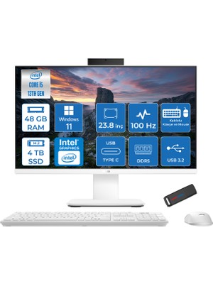 Asus V440VAK Intel Core İ5-13420H 48GB Ddr5 4tb SSD 23.8" Fhd 100HZ 250NITS WIN11PROBEYAZ Allınone Bilgisayar BSI58512W0DP25+ZETTAUSBBELLEK