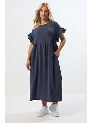 Büyük Beden Bisiklet Yaka Kısa Kollu Fırfırlı Uzun Elbise 270342