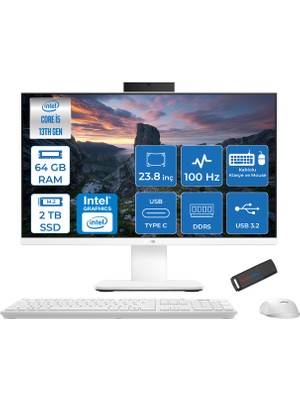 Asus V440VAK Intel Core İ5-13420H 64GB Ddr5 2tb SSD 23.8" Fhd 100HZ 250NITS Freedos Beyaz Allınone Bilgisayar BSI58512W0DF29+ZETTAUSBBELLEK