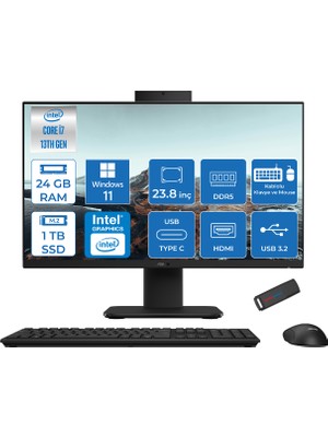 Asus V440VAK Intel Core İ7-13620H 24GB Ddr5 1tb SSD 23.8" Fhd 100HZ 250NITS WIN11PROSIYAH Allınone Bilgisayar BI716512B0DP08+ZETTAUSBBELLEK