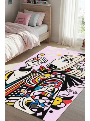 The Reef Design Renkli Anime Karakterli Oyun Halısı Dijital Baskılı Pamuk Dokuma Kaymaz Tabanlı Yıkanabilir Antialerjik Yazlık Halısı Genç Kız Odası Halısı