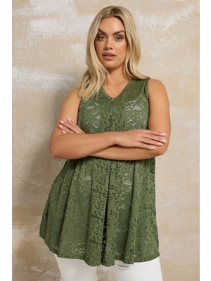 Büyük Beden V Yaka Sıfır Kol Astarsız Dantel T-Shirt 304102