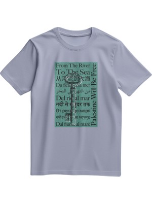 Unisex Kısa Kollu Dönüş Anahtarı ve Çok Dilli "nehirden Denize" Sloganlı Tişört S - 2xl T300027