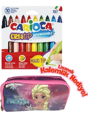 Lisanslı Frozen Kalemlik Hediyeli - Carioca Creatip 10 Renk Yıkanabilir Keçeli Kalem Büyük Boy