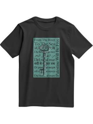 Unisex Kısa Kollu Dönüş Anahtarı ve Çok Dilli "nehirden Denize" Sloganlı Tişört S - 2xl T300027