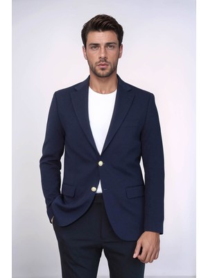Lacivert Kendinden Desenli Örme Altın Renk Metal Düğmeli Slim Fit Erkek Blazer Ceket - Wessi