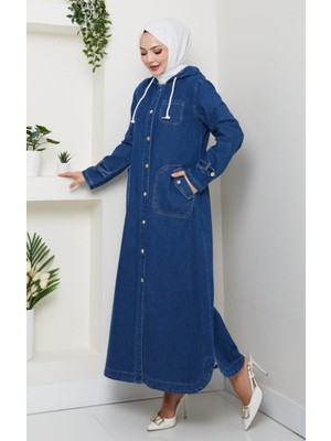 Harma Time Butik Kadın Cepli Düğmeli Kapüşonlu Denim Koyu Mavi Trençkot