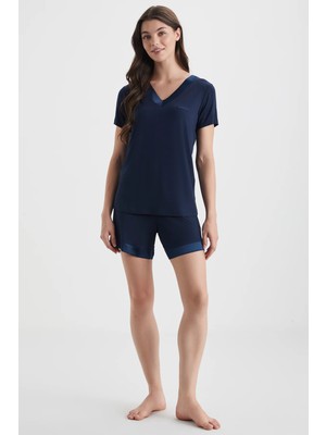 Catherine's kadın v yaka yumuşak dokulu lacivert şort takım kısa kol rahat homewear