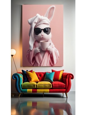 Özkacar Group Pembe Bornozlu Tavşan Ev Duvar Salon Güzellik Salonu Ofis Dükkan Dekarasyon Kanvas Tablo