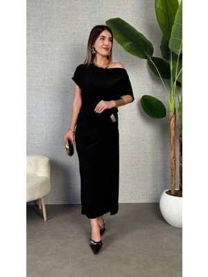 Kadın Kısa Kollu Tek Omuzdan Açık Beli Lastikli Sandy Maxi Elbise