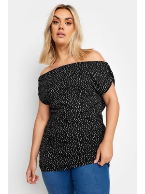 Büyük Beden Düşük Omuz Kolları Drapeli Puantiye Desenli Bluz 303353