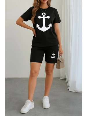 Kadın Kısa Kollu Çapa Baskılı Viskon Ikili Takım