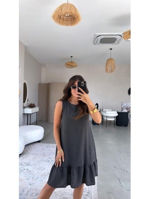 Kadın Bisiklet Yaka Eteği Volanlı Bürümcük Elbise