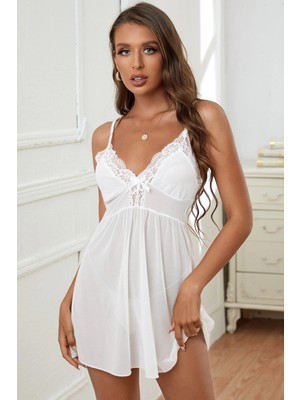 Ayça Kadın Beyaz V Yaka Dantel Detaylı Tül Gecelik