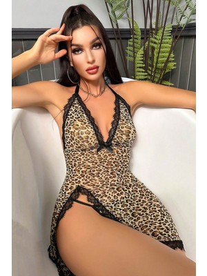 Ayça Kadın Leopar Desenli Derin V Yaka Dantel Detaylı Yırtmaçlı Gecelik