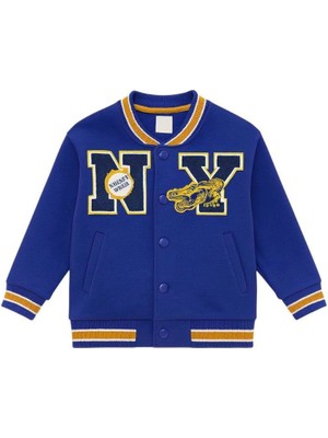 Unisex Çocuk Pamuklu Lacivert Kolej Ceket - Harf ve Ejderha Aplikeli Bomber Mont