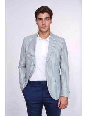 Açık Mavi Çizgili Keten Dokulu Gold Renk Metal Düğmeli Slim Fit Erkek Blazer Ceket – Wessi