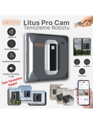 Groove Litus Pro Akıllı Uygulama Kontrollü Cam Temizleme Silme Robotu +Yapay Zeka Desteği+Ultra Sessiz+Akıllı Sensör+4 Ultrasonik Sprey